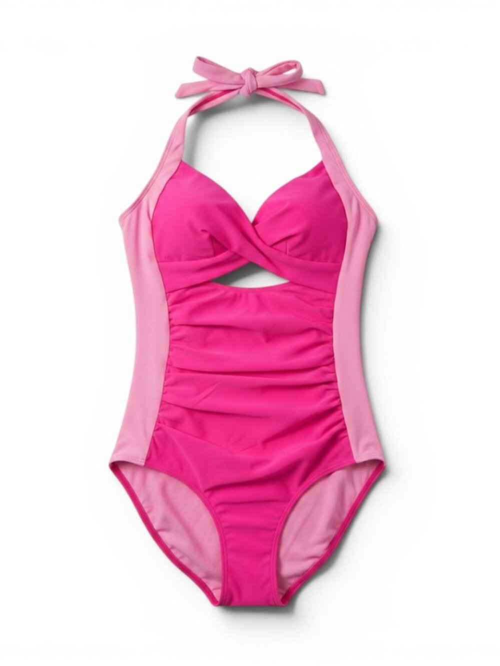 Pink Halter One-Piece Swimsuit with Side Panels
